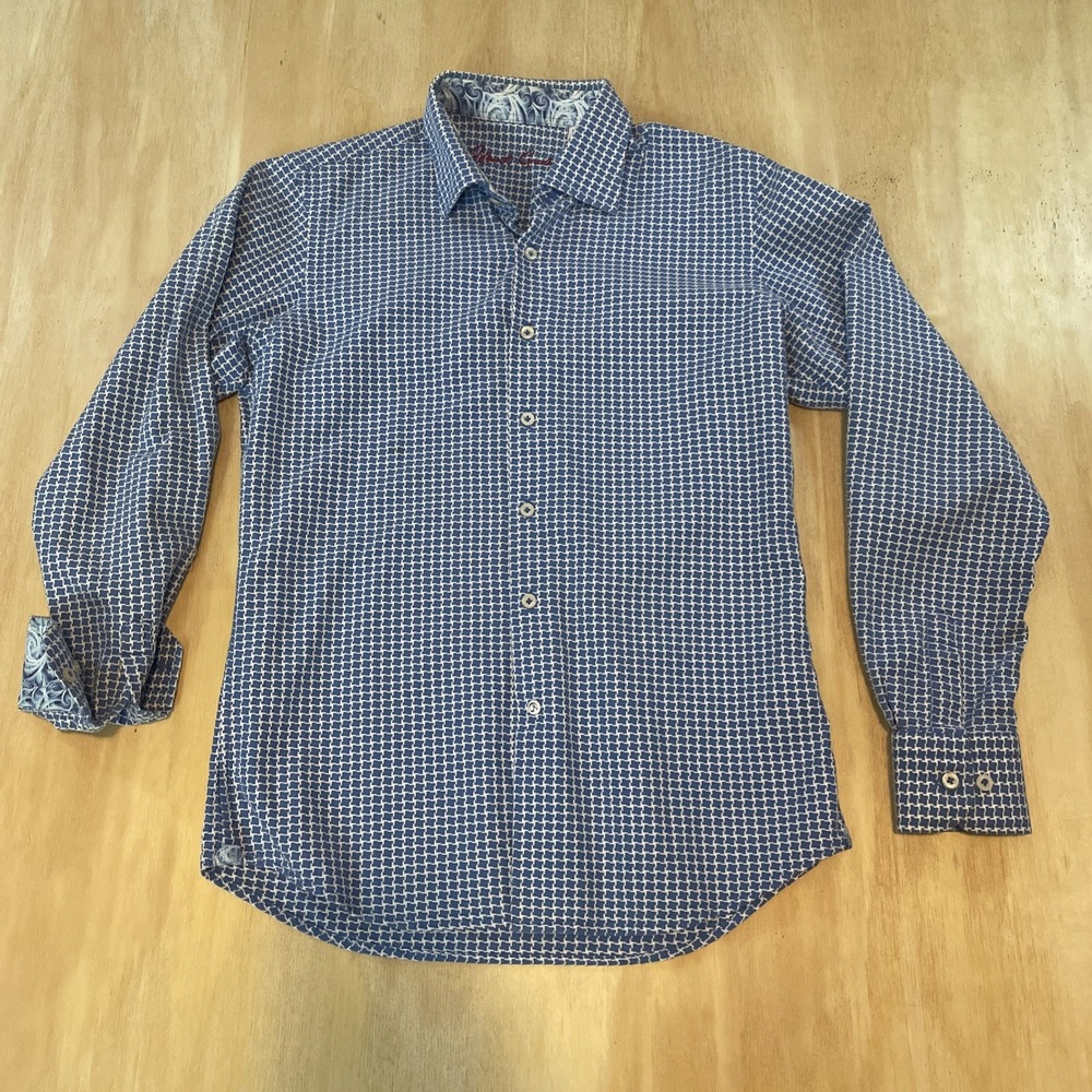 Robert Graham Boys Blue White Geometric Button Up Shirt Size L 14-16 Cotton